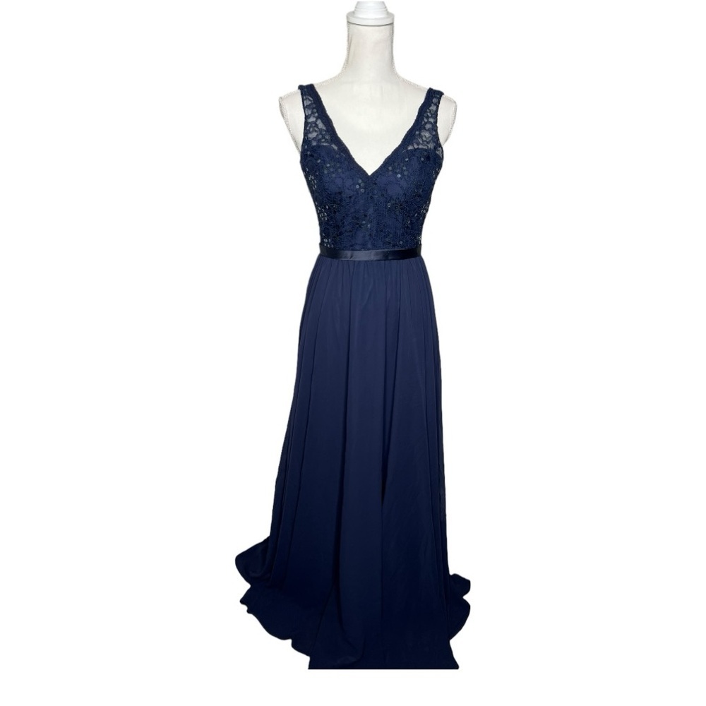 Mori Lee Navy Blue Lace Evening Gown